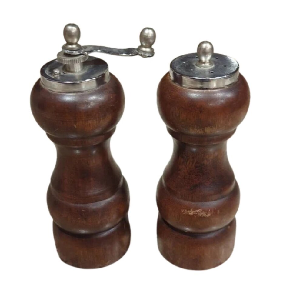 Mid-Century Modern Salt Shaker and Pepper Grinder Set - Brown Wood